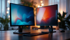 A photograph of a side-by-side comparison of an lcd and an led computer monitor