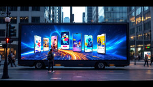 A photograph of a vibrant mobile billboard featuring an led display in an urban setting