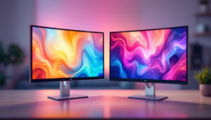 A photograph of a side-by-side comparison of a vibrant led monitor and a traditional lcd monitor