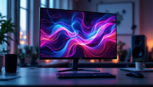A photograph of a sleek desktop monitor displaying vibrant led graphics