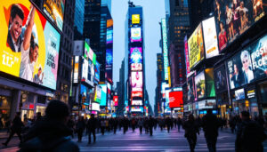 A photograph of a vibrant new york city street scene featuring a large