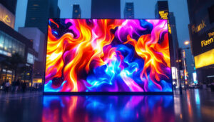A photograph of a vibrant led display showcasing dynamic visuals