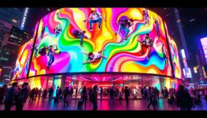A photograph of a vibrant led display in an urban setting