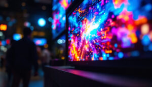 A photograph of a vibrant led display in a dynamic setting