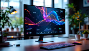 A photograph of a sleek touchscreen monitor displaying vibrant led graphics