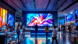 A photograph of a vibrant retail environment showcasing an led display in action