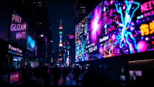 A photograph of a vibrant led display in an urban setting at night