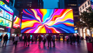 A photograph of a vibrant led display screen in a dynamic urban setting