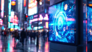 A photograph of a vibrant led digital signage display in a bustling urban environment