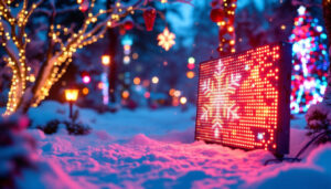 A photograph of a vibrant led display in a winter setting