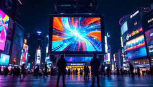 A photograph of a vibrant led display in an urban setting at night