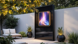 A photograph of a modern free-standing outdoor privacy screen featuring an integrated led display