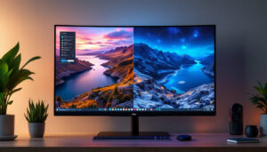 A photograph of a sleek 21:9 aspect ratio led monitor displaying vibrant
