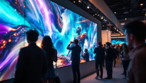 A photograph of a vibrant and engaging trade show booth featuring a large led video wall in action