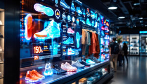 A photograph of a vibrant led display showcasing foot-related products or services in a retail environment