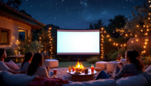 A photograph of a cozy outdoor movie night scene featuring an led projector displaying a film on a large screen