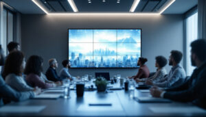 A photograph of a modern conference room featuring a large led display as the focal point