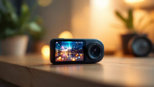 A photograph of a tiny video camera prominently displaying its led screen