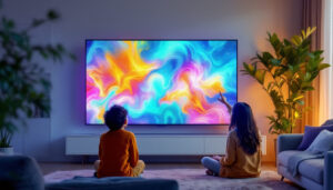 A photograph of a large touchscreen tv displaying vibrant led visuals in a modern living room setting