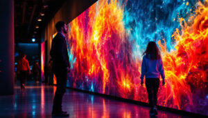 A photograph of a vibrant wall projection showcasing dynamic visuals on a textured surface