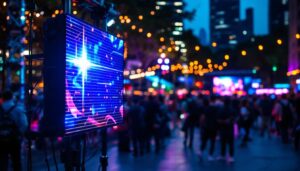A photograph of capture a photograph of a vibrant outdoor led display in use during a lively event