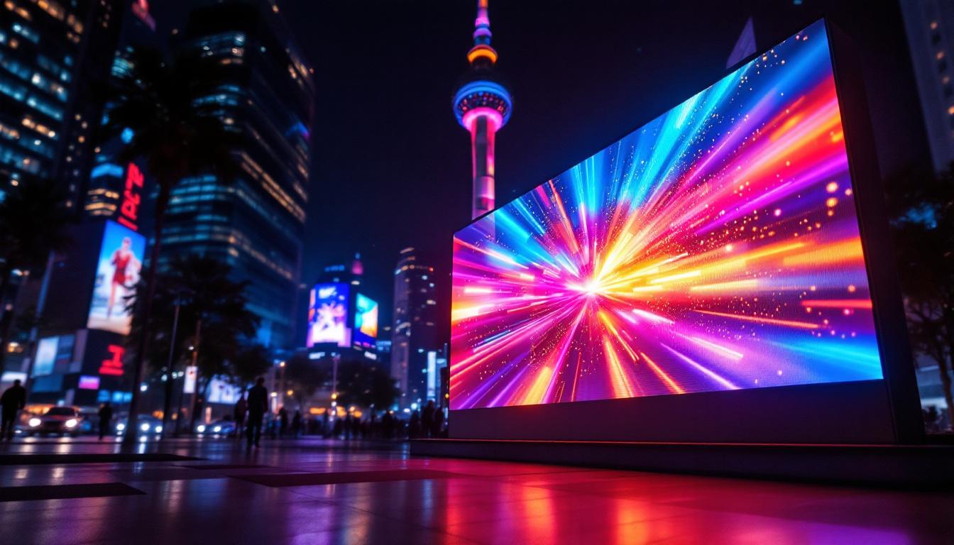 A photograph of a vibrant led display in an urban setting at night