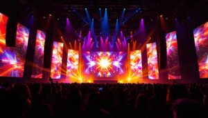 A photograph of a vibrant led display stage during a live event