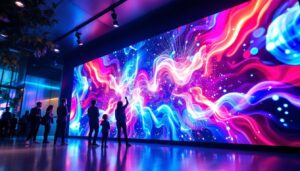 A photograph of a vibrant lcd video wall in a modern setting