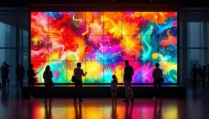 A photograph of a vibrant and dynamic video wall setup in a modern environment