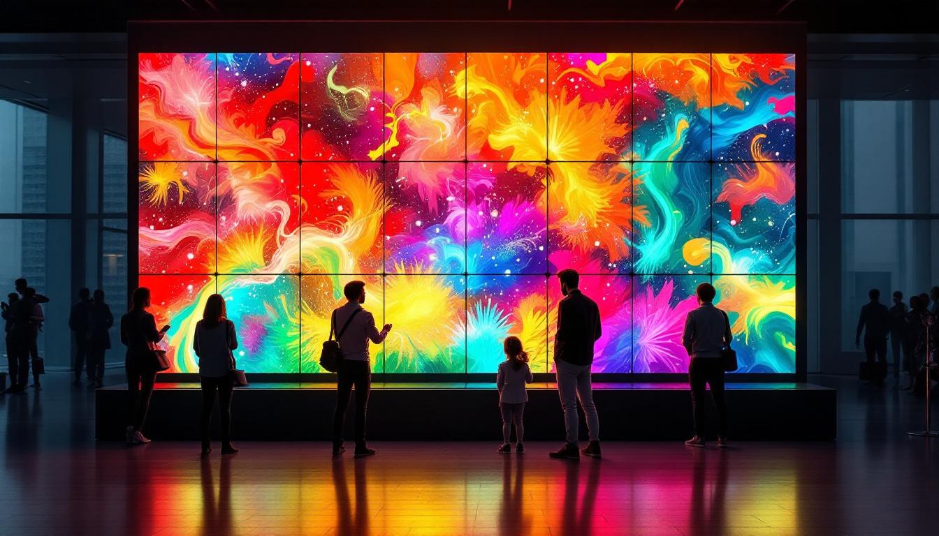 A photograph of a vibrant and dynamic video wall setup in a modern environment
