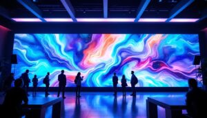 A photograph of a vibrant indoor setting showcasing a large led display in use