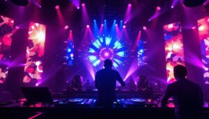 A photograph of a vibrant dj setup featuring a large led display in action