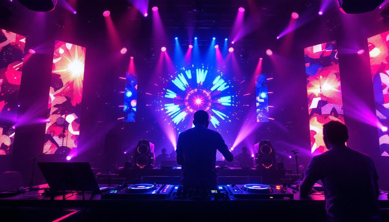 A photograph of a vibrant dj setup featuring a large led display in action