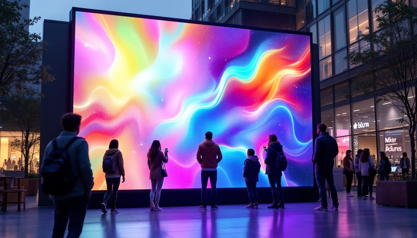 A photograph of a vibrant free-standing led screen displaying dynamic visuals in an outdoor or indoor setting