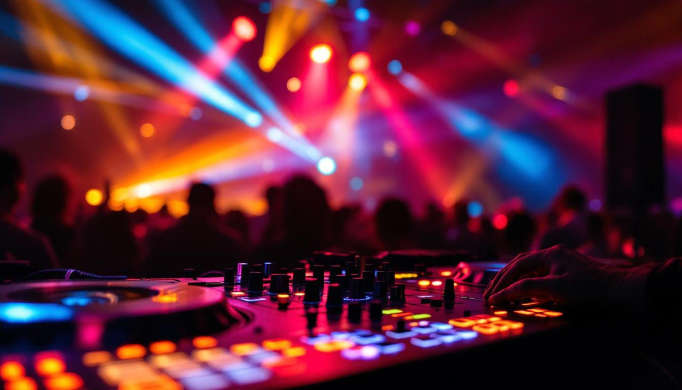 A photograph of a vibrant dj booth featuring a dynamic led display in action