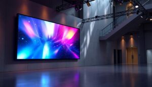 A photograph of a modern truss wall system featuring an led display in an architectural setting