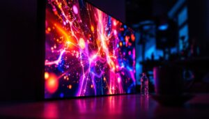 A photograph of a vibrant led panel displaying dynamic visuals in a dimly lit environment