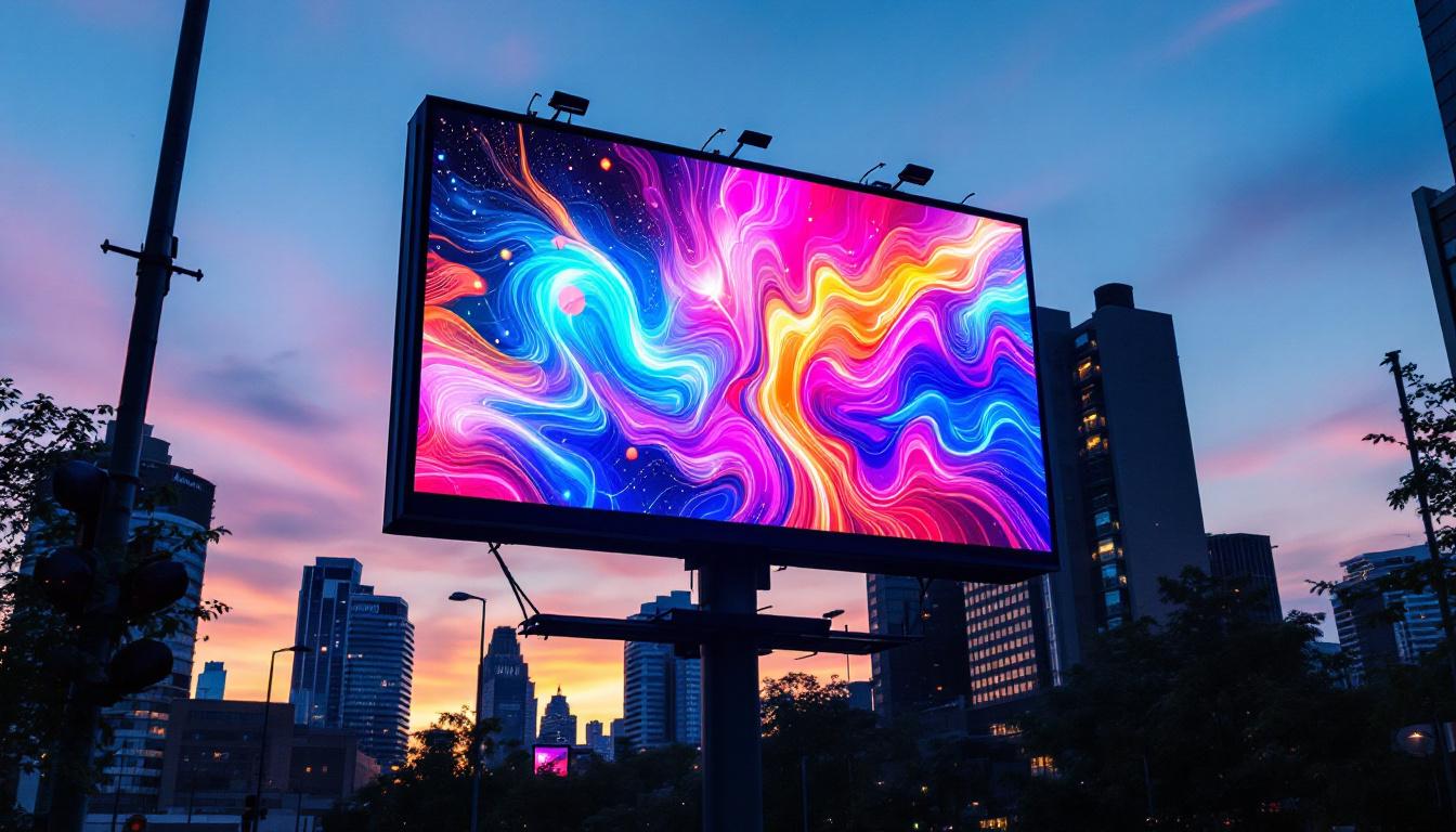 A photograph of a vibrant led display board in an urban setting