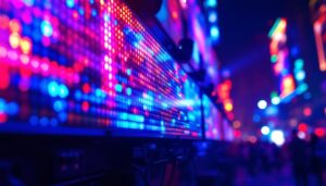 A photograph of a vibrant led display panel in action