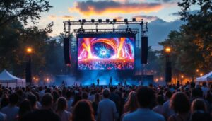 A photograph of a vibrant outdoor event featuring a large led video screen displaying dynamic visuals
