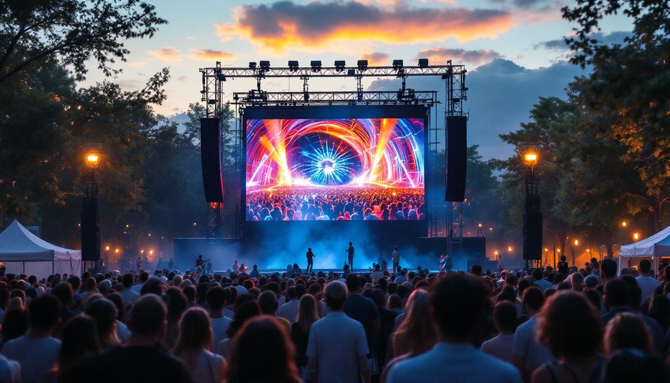 A photograph of a vibrant outdoor event featuring a large led video screen displaying dynamic visuals