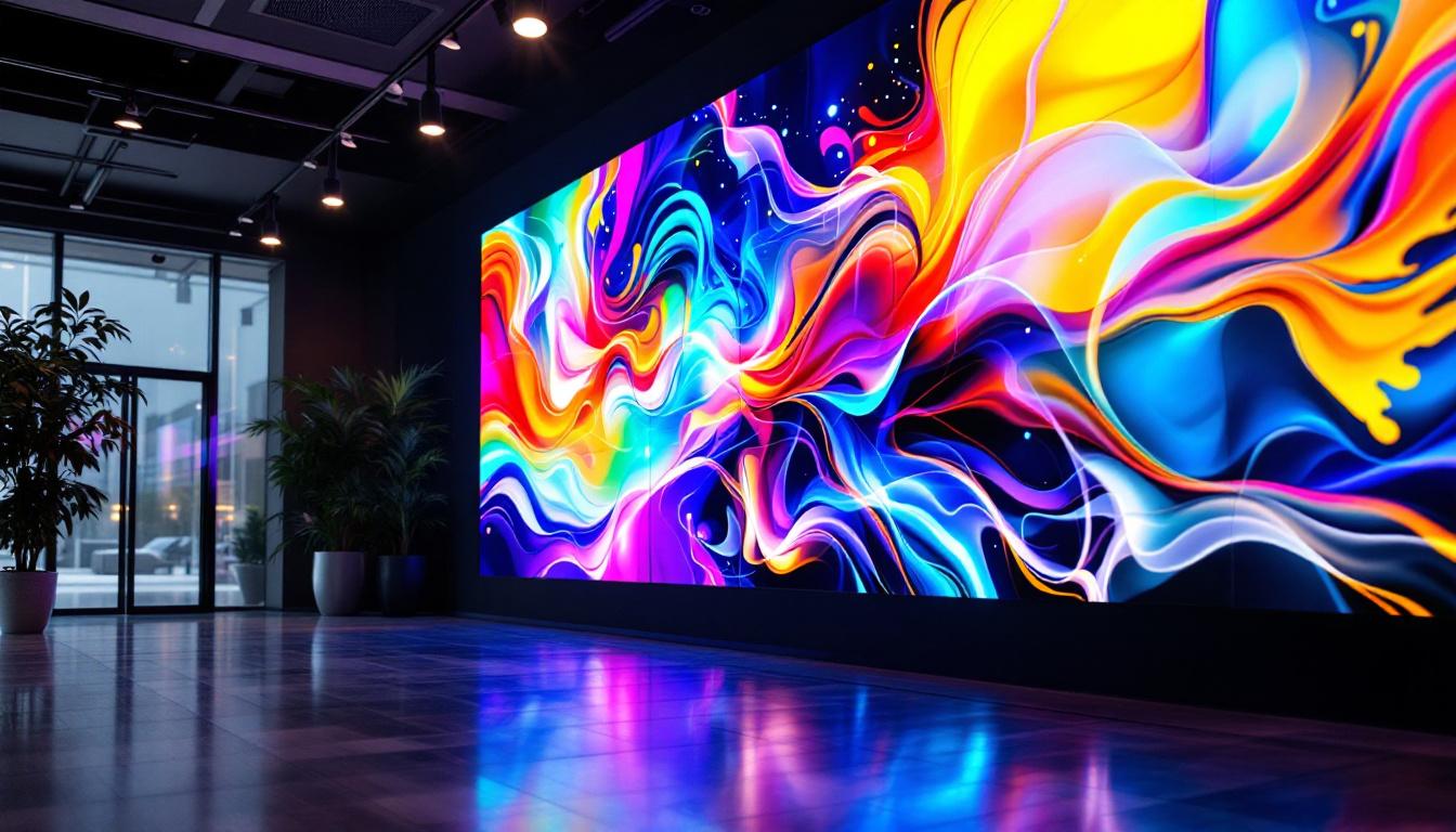 A photograph of a vibrant and dynamic video wall featuring an array of led displays in a modern setting