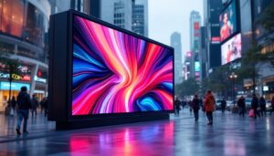 A photograph of a vibrant 8-foot led display showcasing dynamic visuals in an engaging urban setting