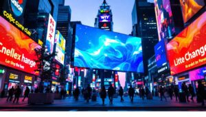 A photograph of a vibrant led display in a dynamic urban setting