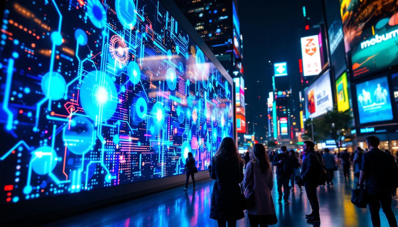 A photograph of a vibrant led display in a dynamic urban setting