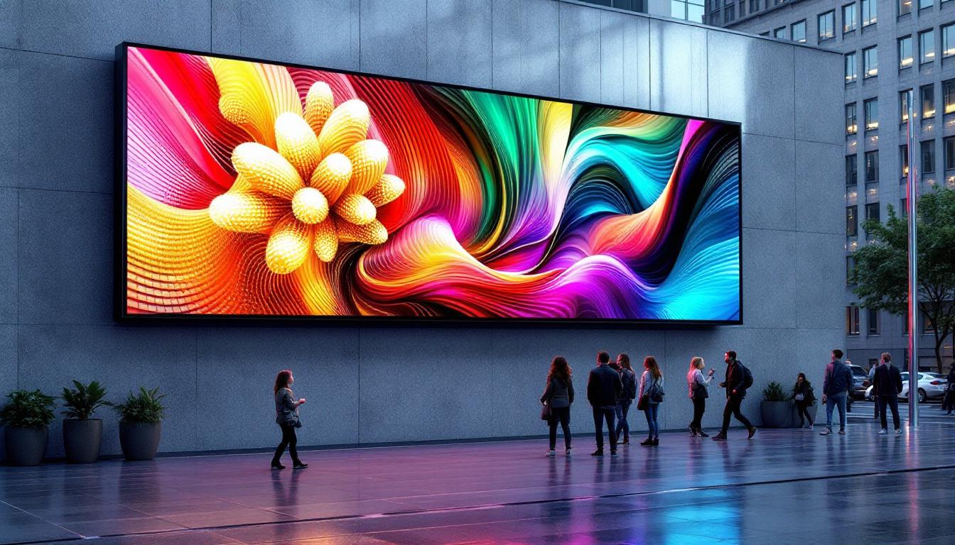 A photograph of a vibrant led display mounted on a 10-foot wall