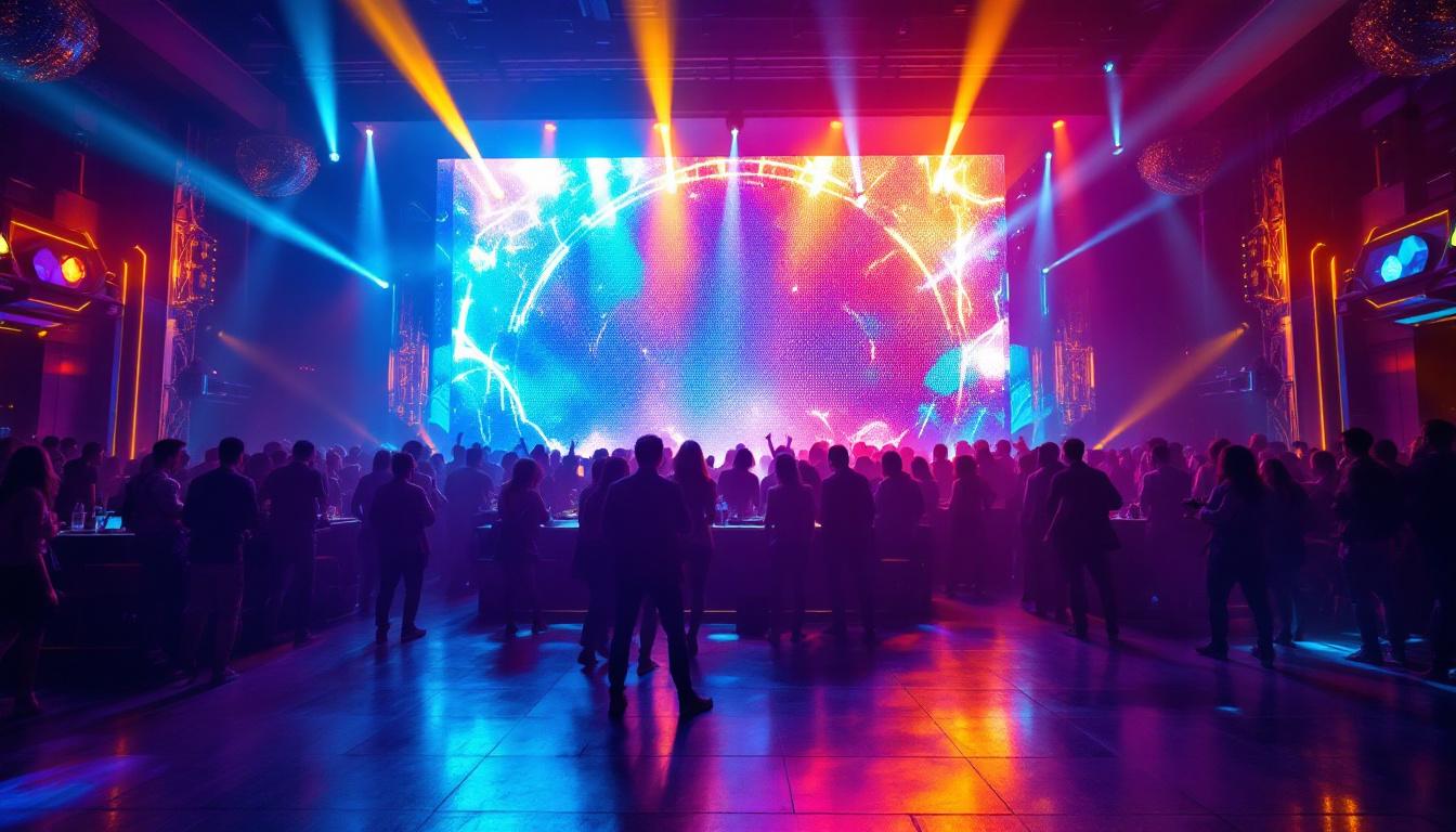 A photograph of a vibrant nightclub scene featuring an eye-catching led display showcasing dynamic visuals and colors