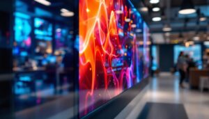 A photograph of a vibrant led display in a commercial setting