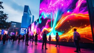 A photograph of capture a photograph of a vibrant outdoor setting showcasing a large led display panel in action