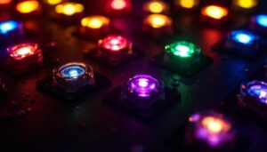 A photograph of a close-up shot of various panel mount leds illuminated in different colors